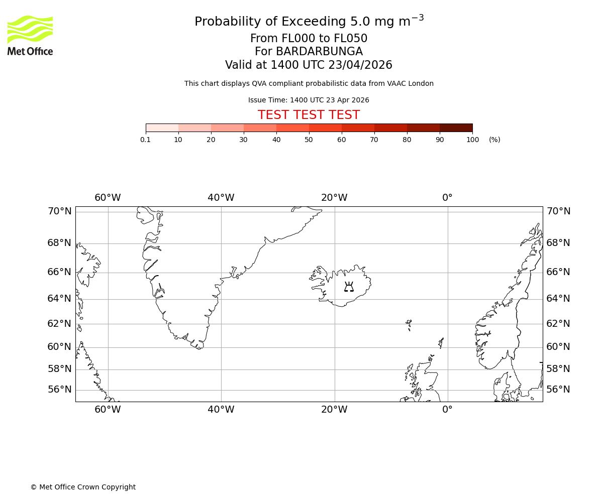 Probability of exceeding 5.0 milligrams per metre cubed. From 000 to 050 for BARDARBUNGA. Valid at 1400 UTC 23/04/2026