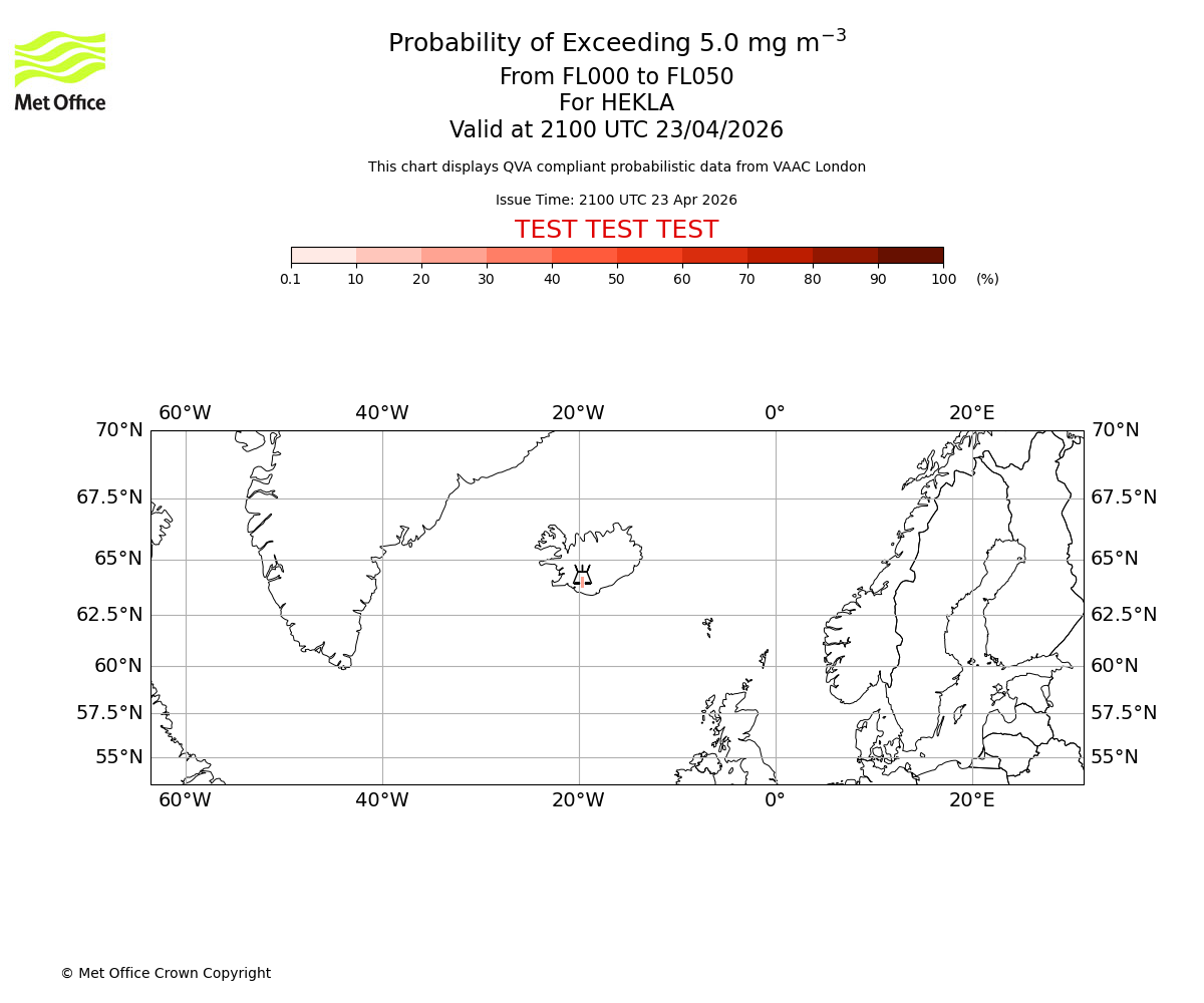Probability of exceeding 5.0 milligrams per metre cubed. From 000 to 050 for HEKLA. Valid at 2100 UTC 23/04/2026