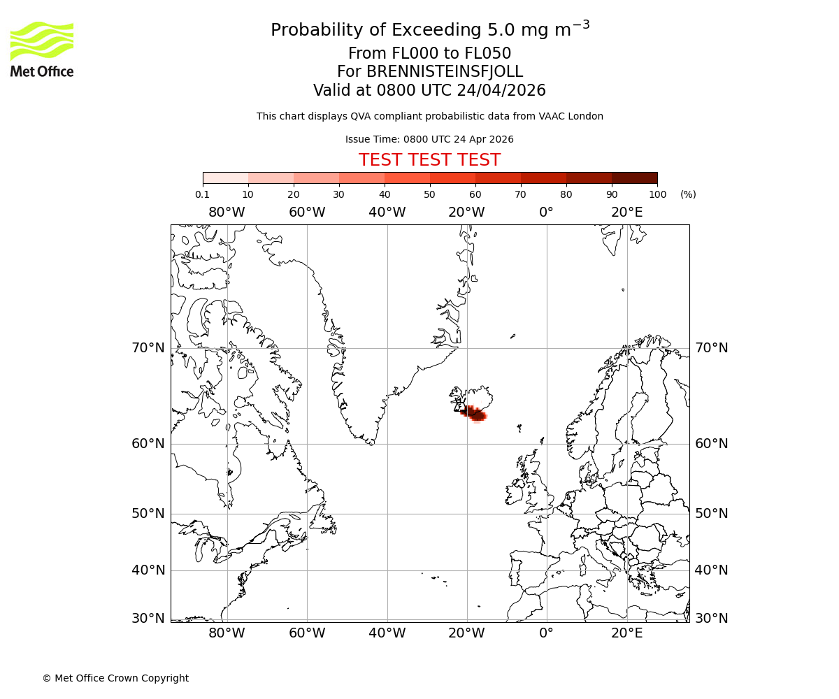 Probability of exceeding 5.0 milligrams per metre cubed. From 000 to 050 for BRENNISTEINSFJOLL. Valid at 0800 UTC 24/04/2026