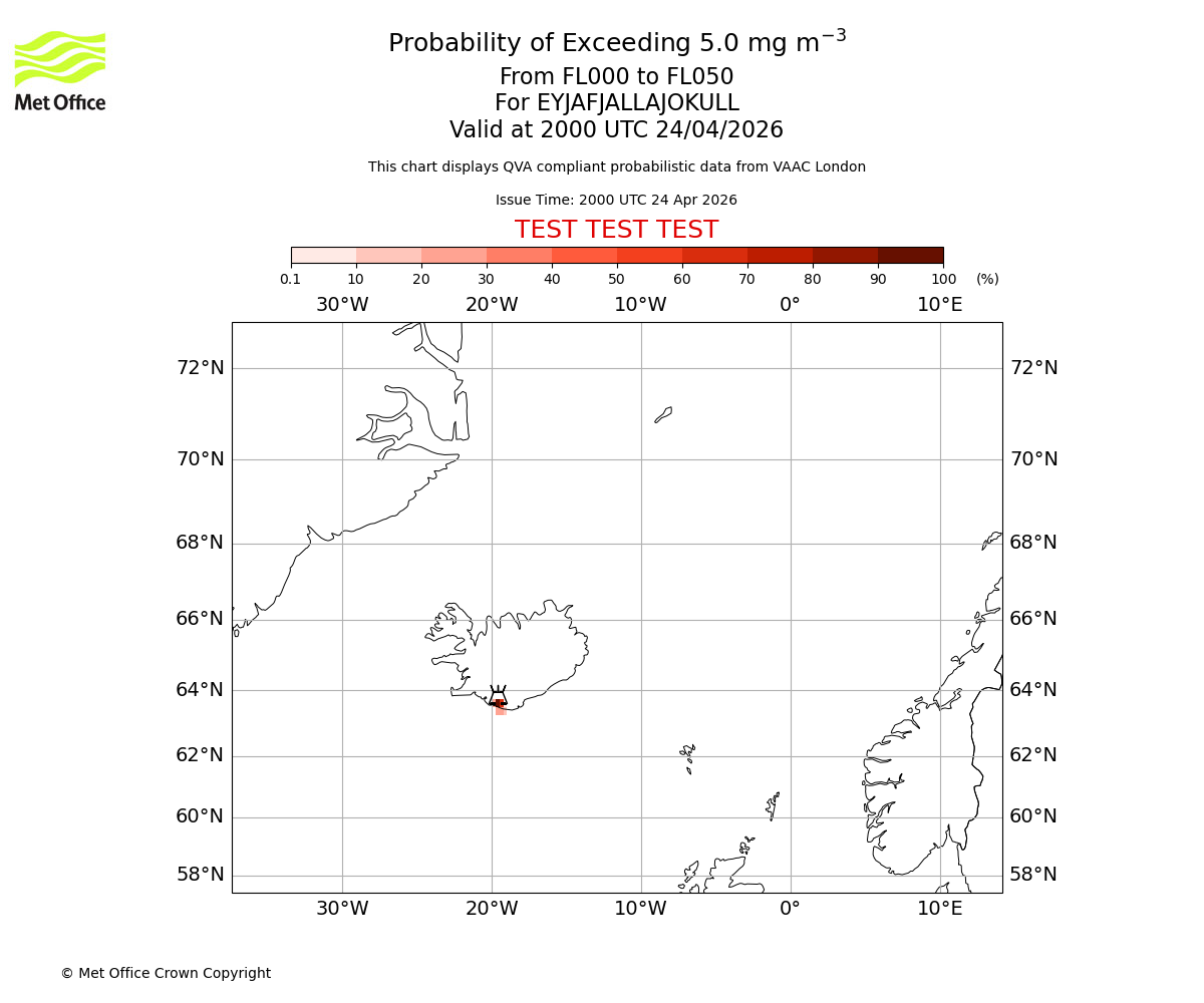 Probability of exceeding 5.0 milligrams per metre cubed. From 000 to 050 for EYJAFJALLAJOKULL. Valid at 2000 UTC 24/04/2026
