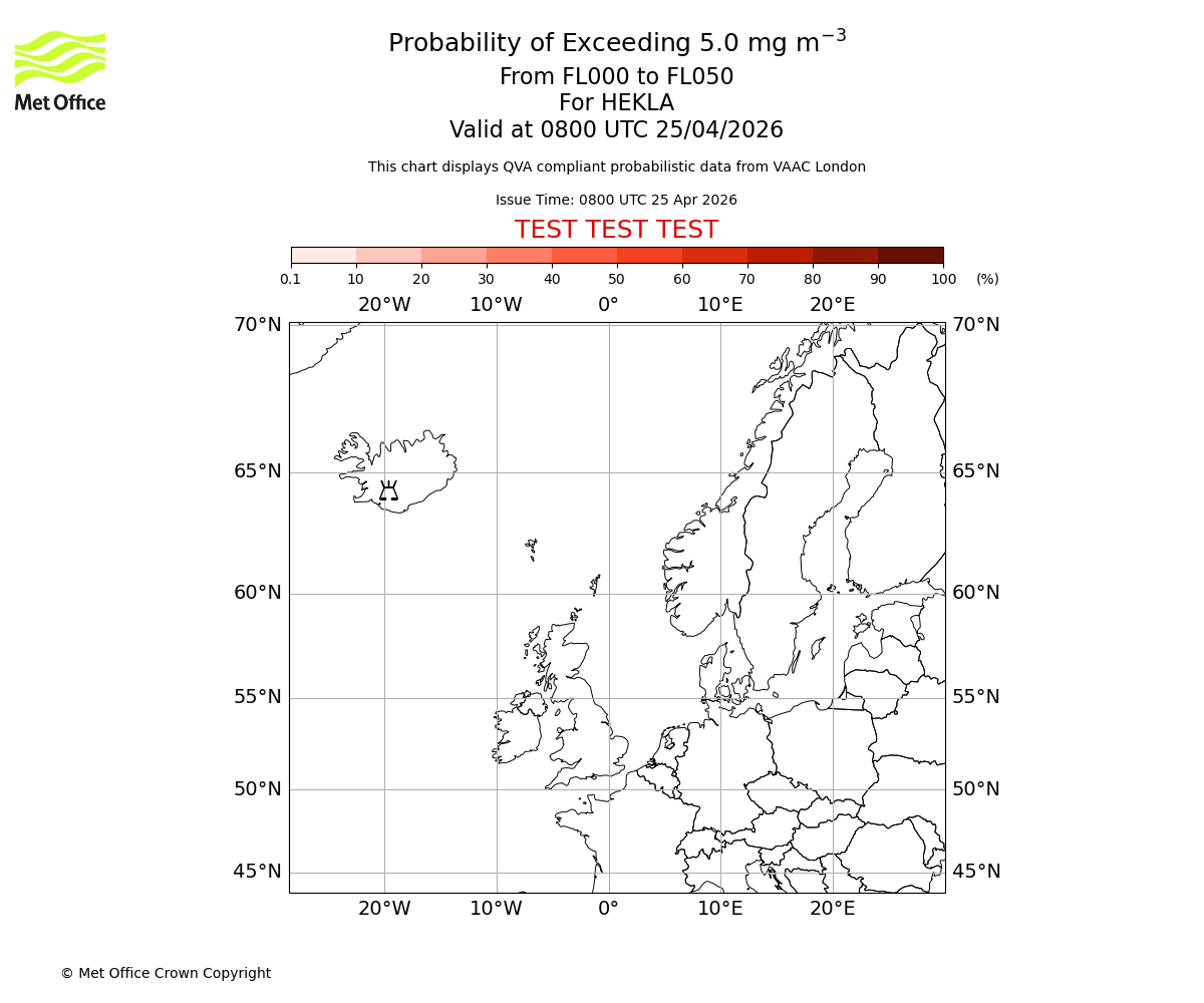 Probability of exceeding 5.0 milligrams per metre cubed. From 000 to 050 for HEKLA. Valid at 0800 UTC 25/04/2026