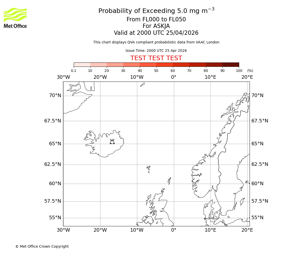 Probability of exceeding 5.0 milligrams per metre cubed. From 000 to 050 for ASKJA. Valid at 2000 UTC 25/04/2026