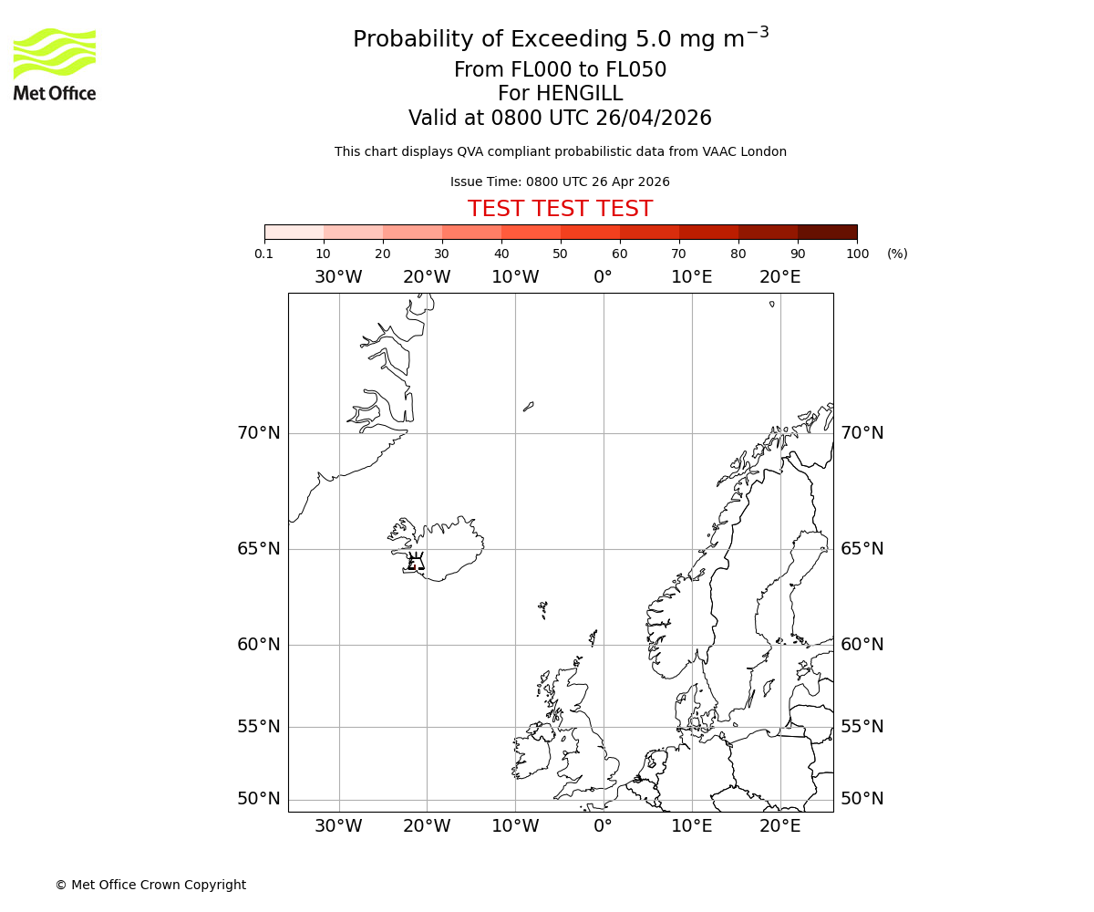 Probability of exceeding 5.0 milligrams per metre cubed. From 000 to 050 for HENGILL. Valid at 0800 UTC 26/04/2026