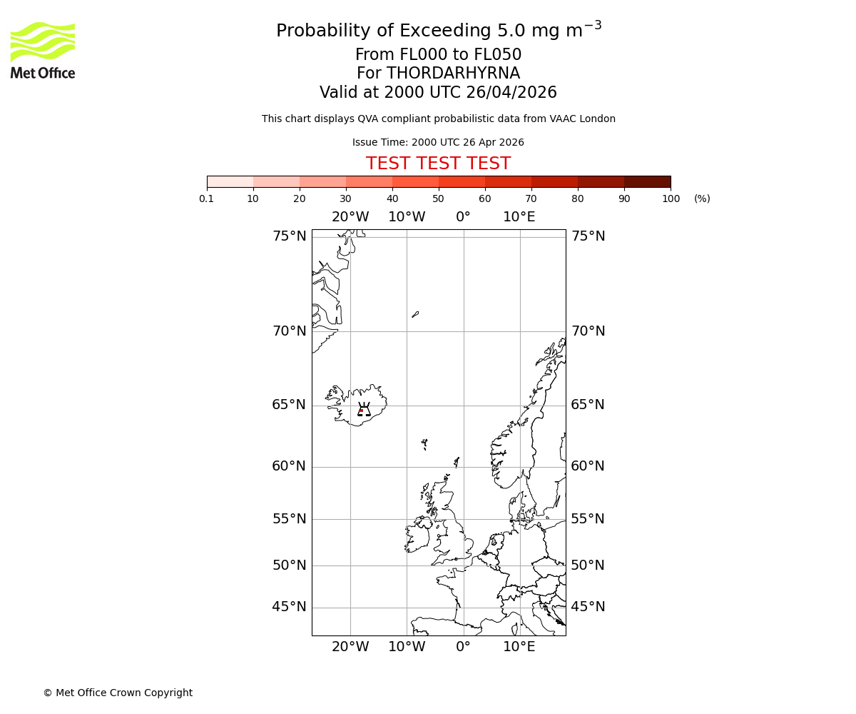 Probability of exceeding 5.0 milligrams per metre cubed. From 000 to 050 for THORDARHYRNA. Valid at 2000 UTC 26/04/2026
