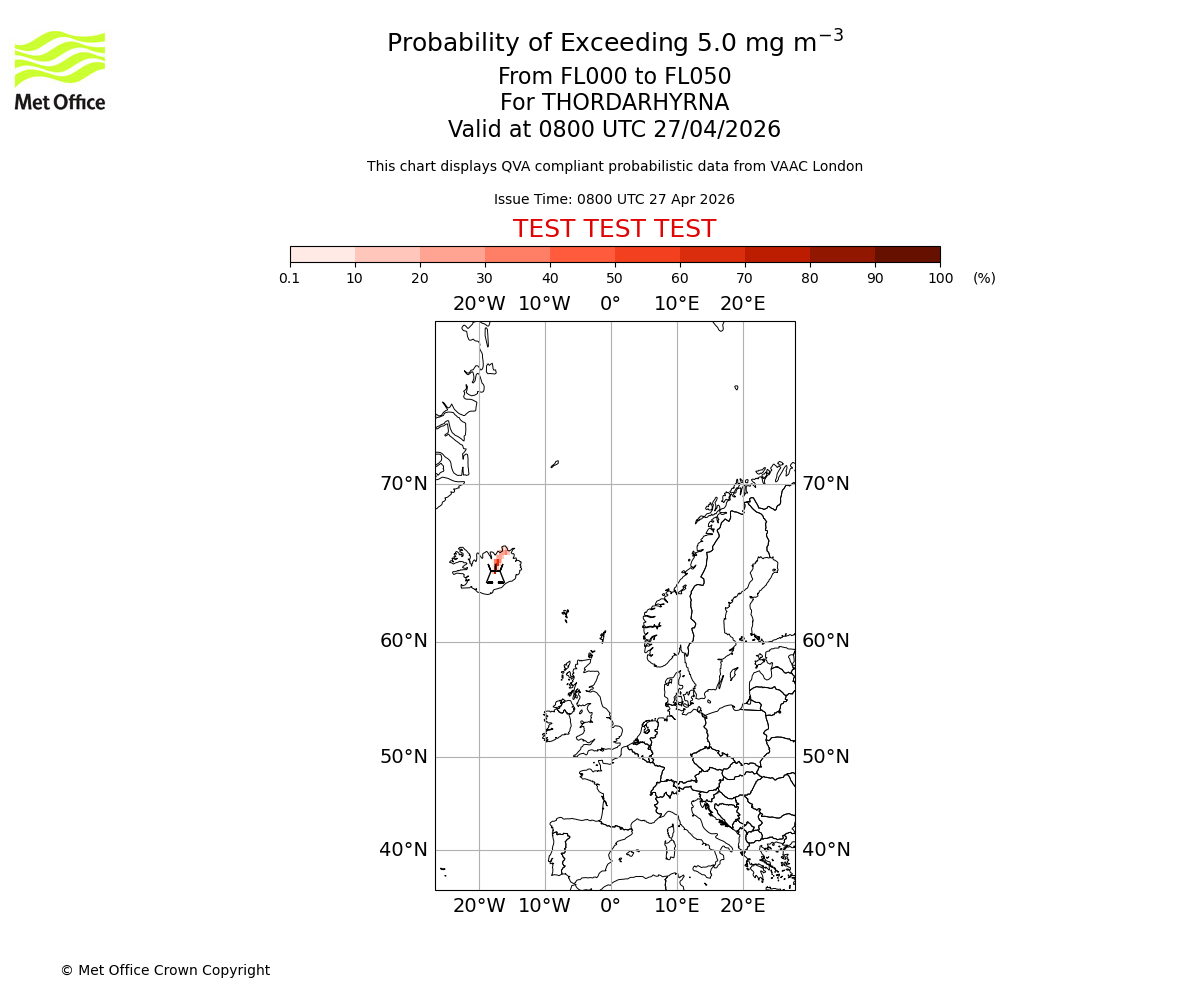 Probability of exceeding 5.0 milligrams per metre cubed. From 000 to 050 for THORDARHYRNA. Valid at 0800 UTC 27/04/2026