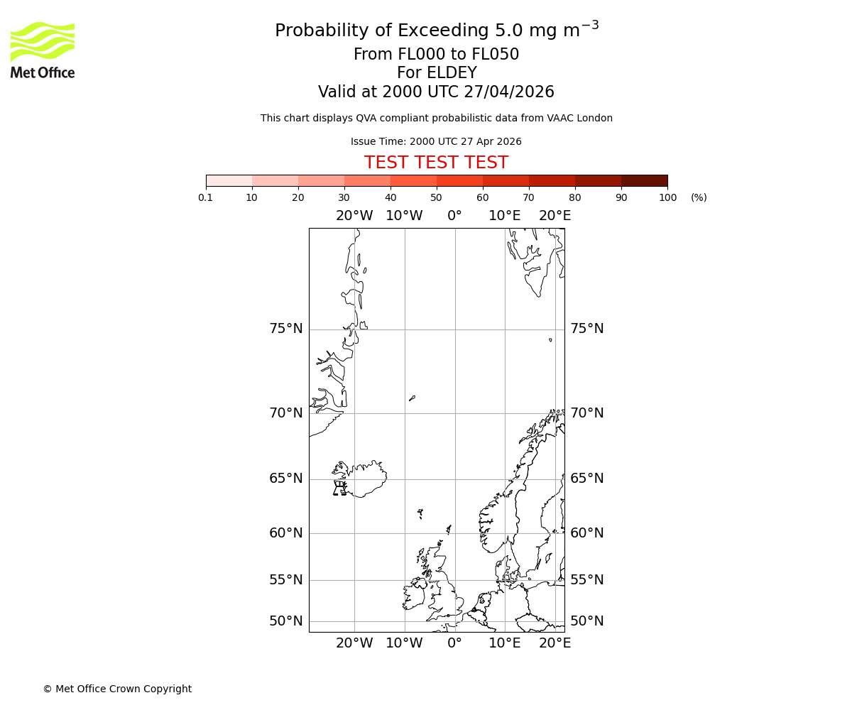 Probability of exceeding 5.0 milligrams per metre cubed. From 000 to 050 for ELDEY. Valid at 2000 UTC 27/04/2026