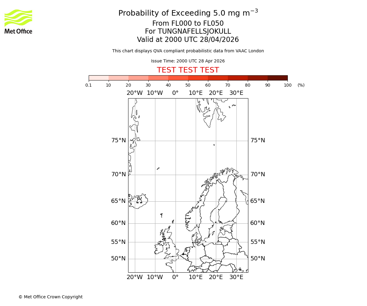 Probability of exceeding 5.0 milligrams per metre cubed. From 000 to 050 for TUNGNAFELLSJOKULL. Valid at 2000 UTC 28/04/2026