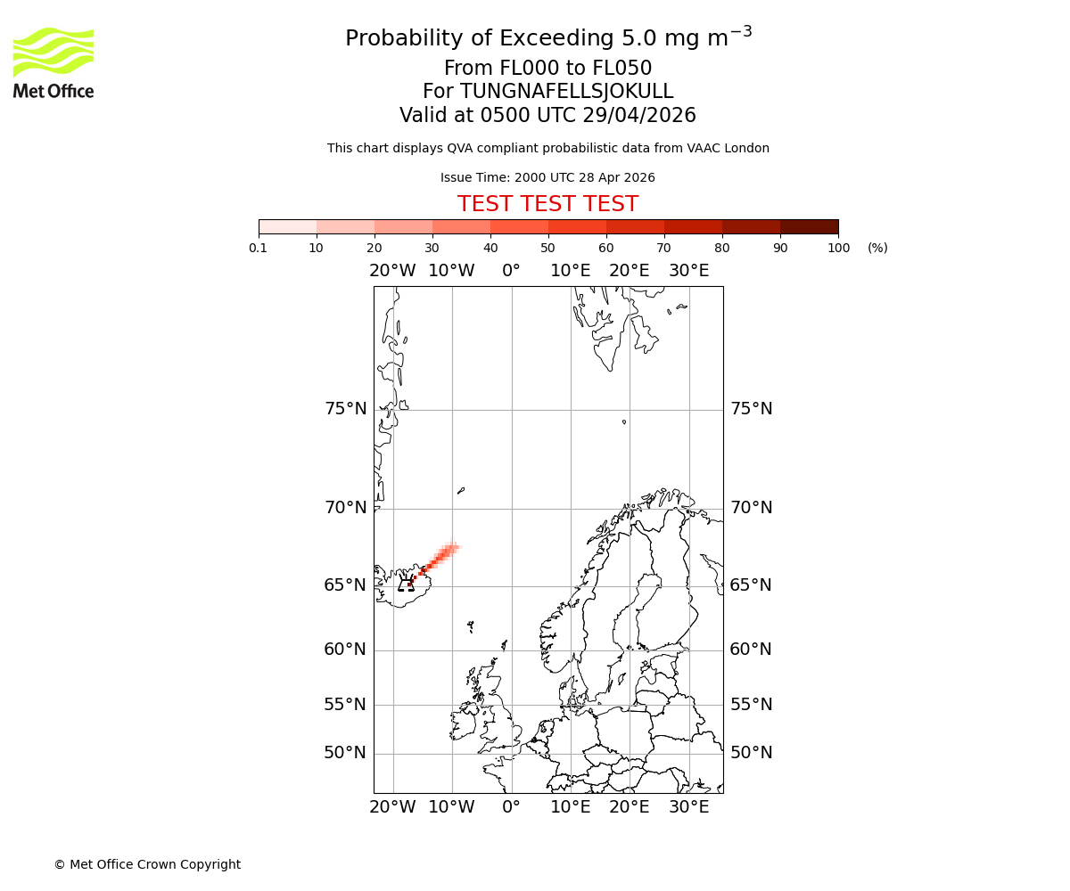 Probability of exceeding 5.0 milligrams per metre cubed. From 000 to 050 for TUNGNAFELLSJOKULL. Valid at 0500 UTC 29/04/2026