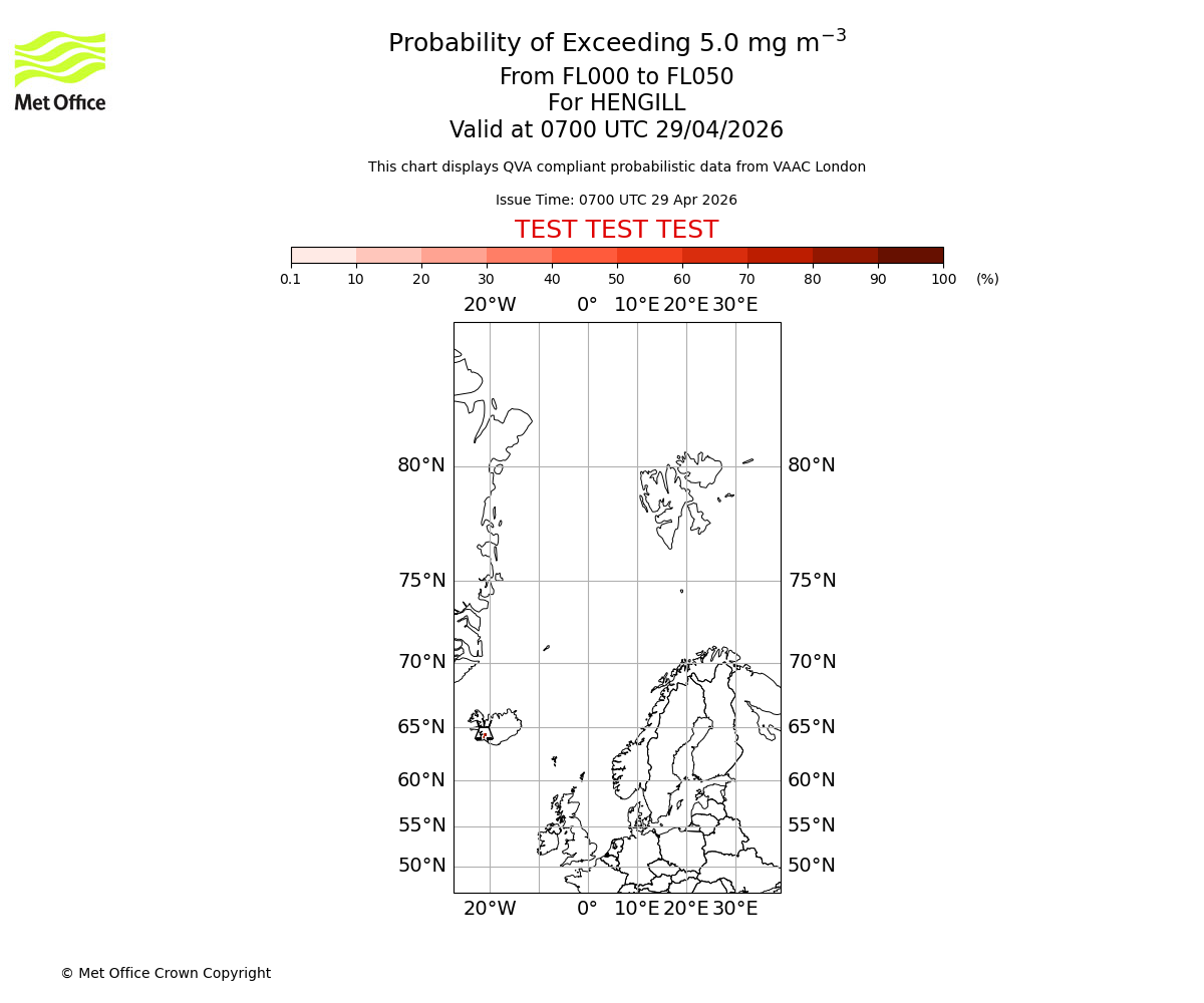 Probability of exceeding 5.0 milligrams per metre cubed. From 000 to 050 for HENGILL. Valid at 0700 UTC 29/04/2026