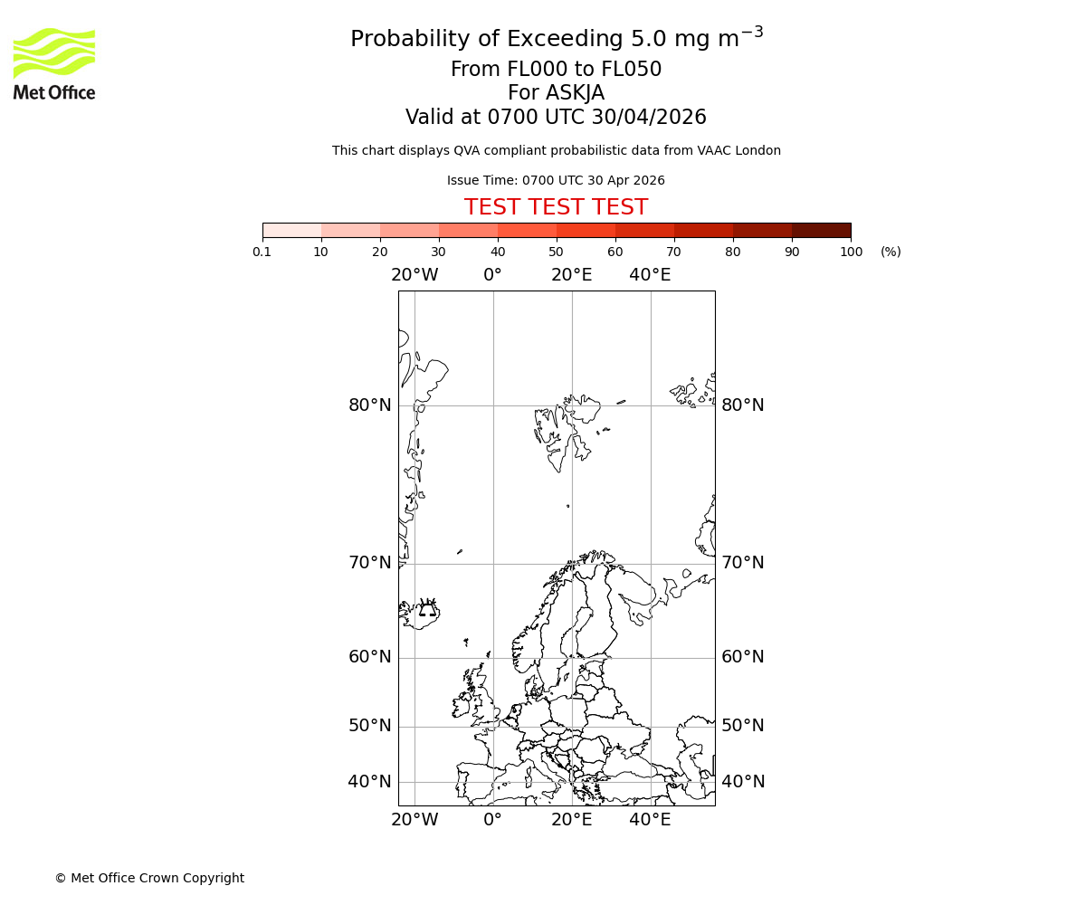 Probability of exceeding 5.0 milligrams per metre cubed. From 000 to 050 for ASKJA. Valid at 0700 UTC 30/04/2026