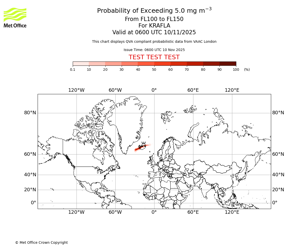 Probability of exceeding 5.0 milligrams per metre cubed. From 100 to 150 for KRAFLA. Valid at 0600 UTC 10/11/2025
