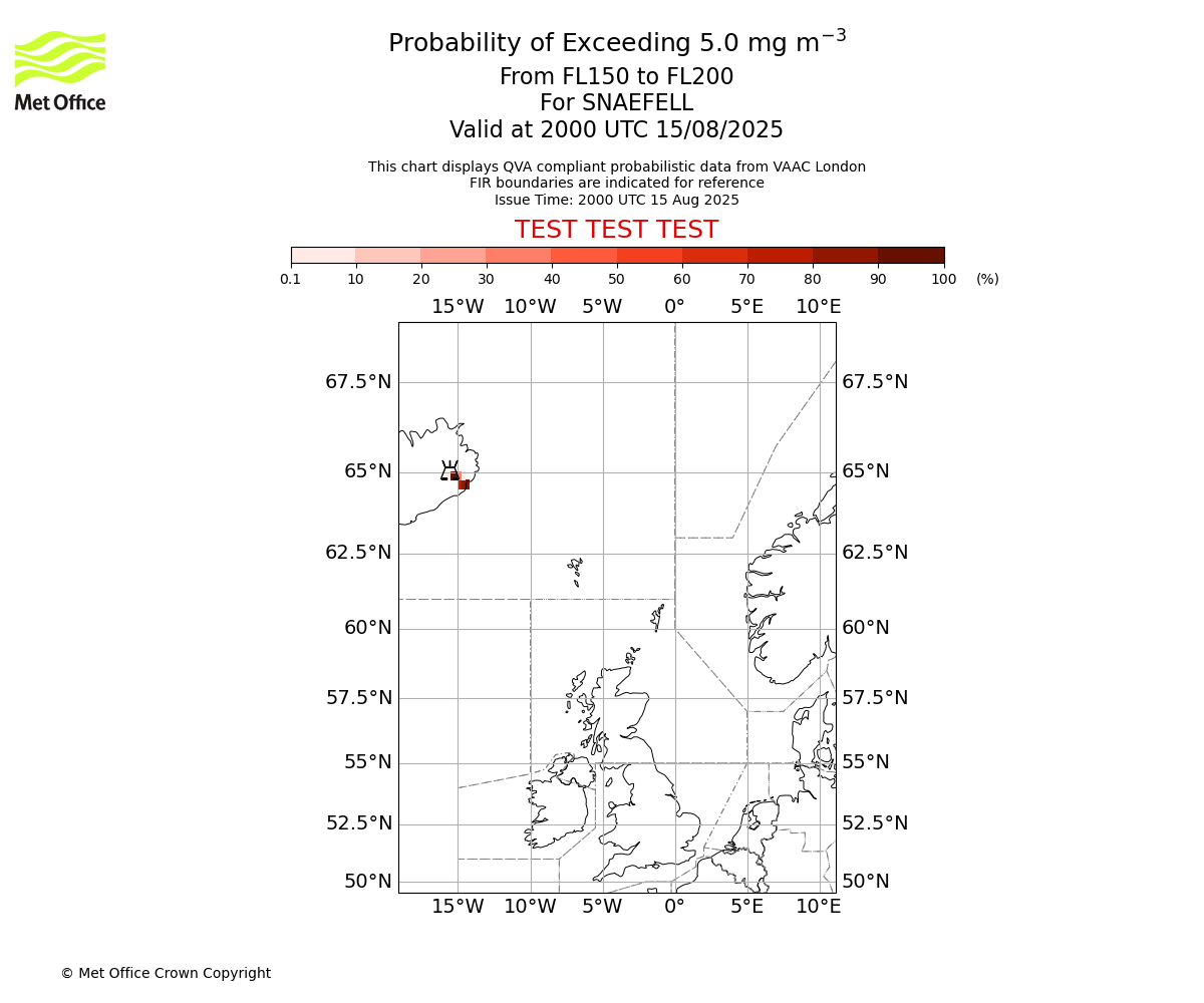 Probability of exceeding 5.0 milligrams per metre cubed. From 150 to 200 for SNAEFELL. Valid at 2000 UTC 15/08/2025
