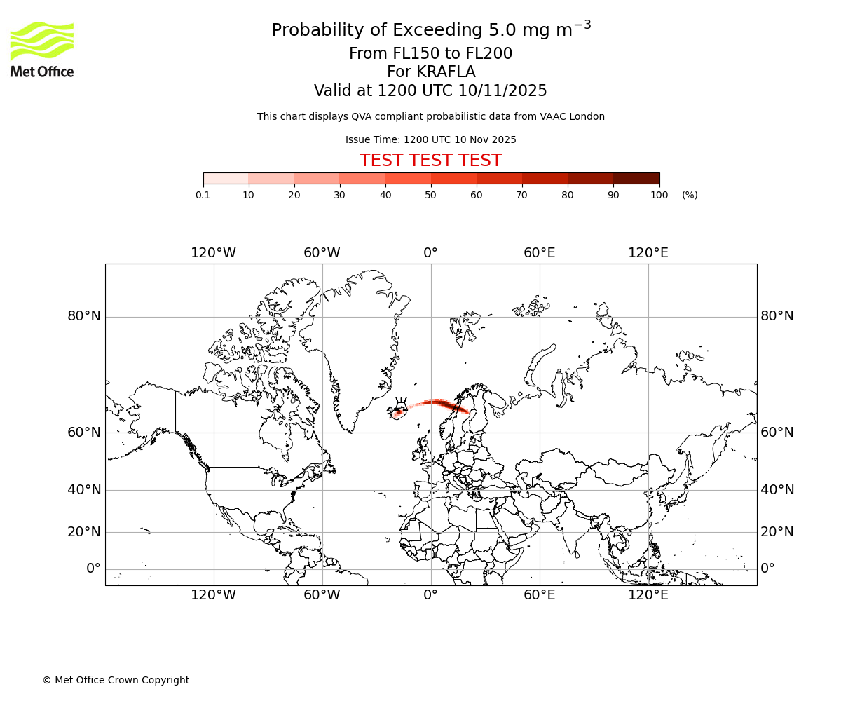 Probability of exceeding 5.0 milligrams per metre cubed. From 150 to 200 for KRAFLA. Valid at 1200 UTC 10/11/2025