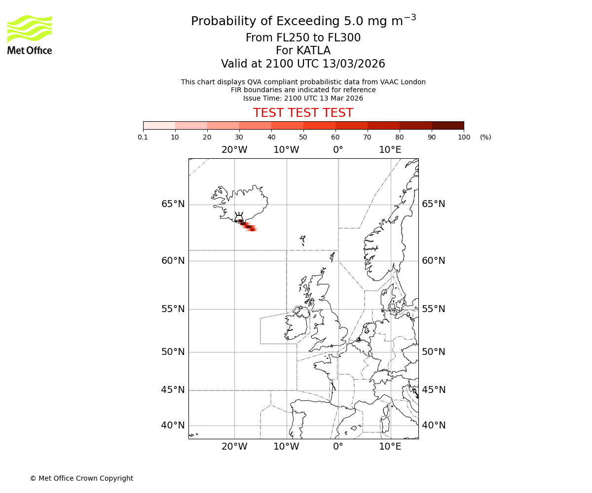 Probability of exceeding 5.0 milligrams per metre cubed. From 250 to 300 for KATLA. Valid at 2100 UTC 13/03/2026