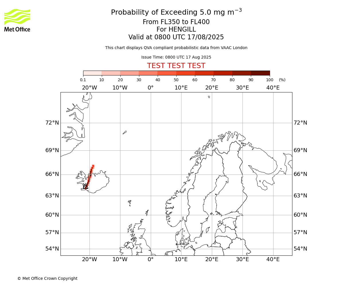 Probability of exceeding 5.0 milligrams per metre cubed. From 350 to 400 for HENGILL. Valid at 0800 UTC 17/08/2025