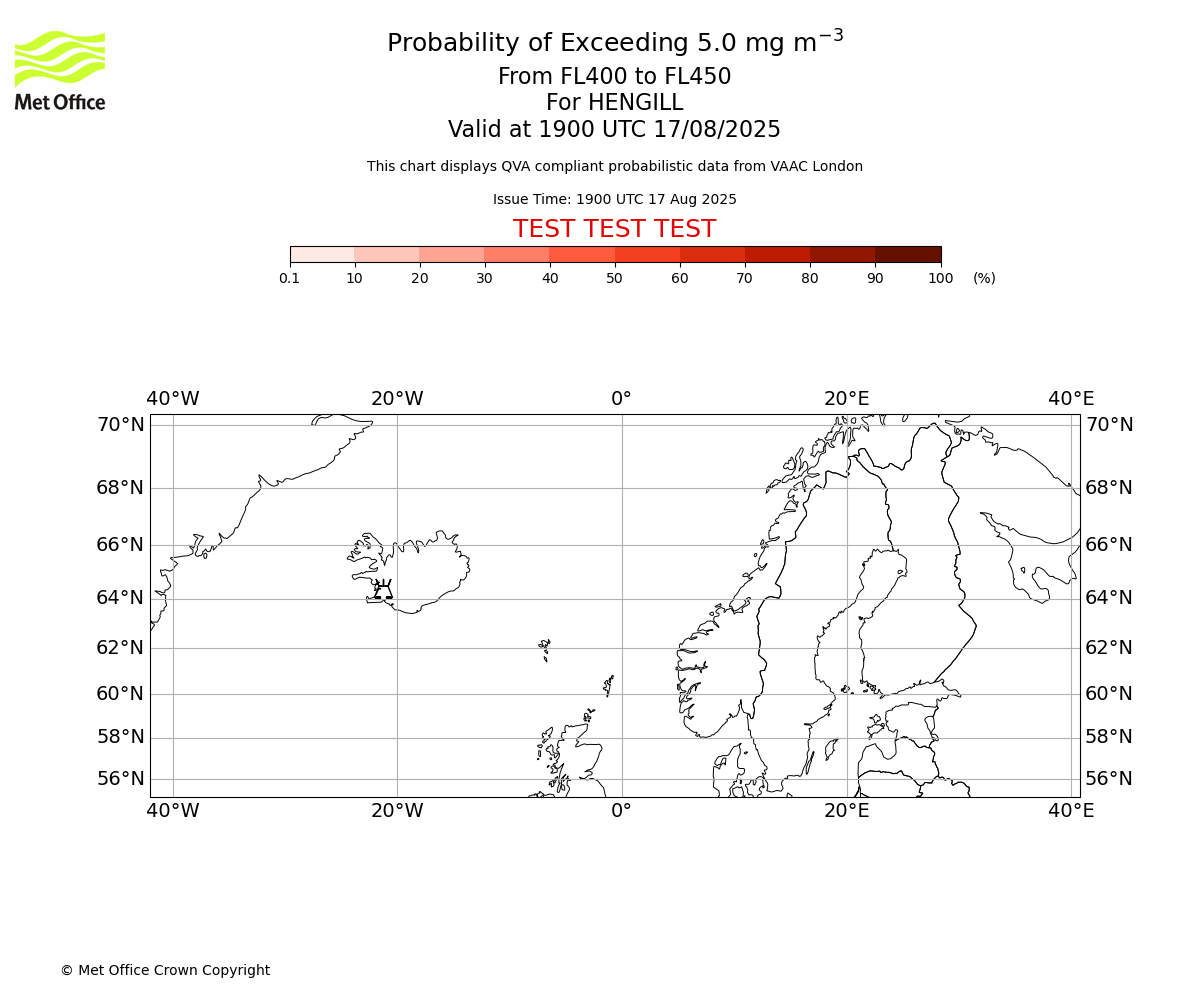Probability of exceeding 5.0 milligrams per metre cubed. From 400 to 450 for HENGILL. Valid at 1900 UTC 17/08/2025