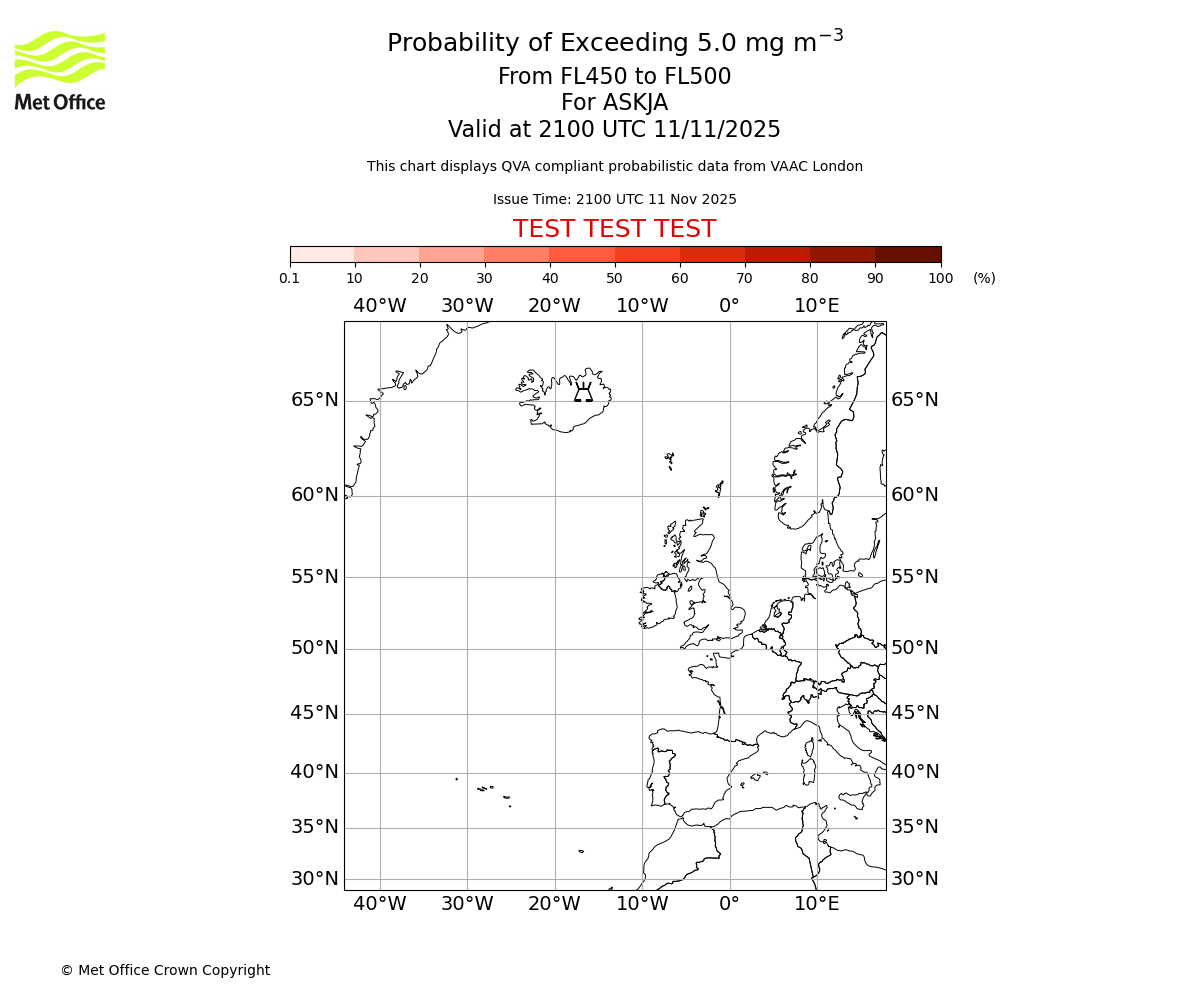Probability of exceeding 5.0 milligrams per metre cubed. From 450 to 500 for ASKJA. Valid at 2100 UTC 11/11/2025