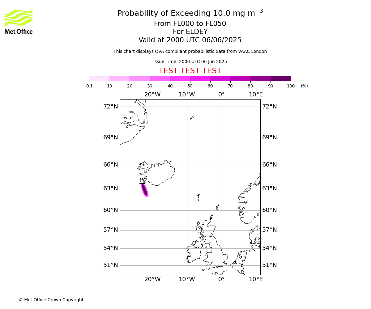 Probability of exceeding 10.0 milligrams per metre cubed. From 000 to 050 for ELDEY. Valid at 2000 UTC 06/06/2025