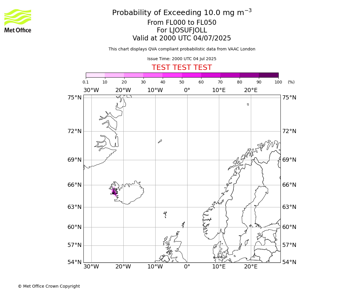 Probability of exceeding 10.0 milligrams per metre cubed. From 000 to 050 for LJOSUFJOLL. Valid at 2000 UTC 04/07/2025