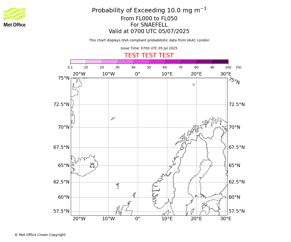 Probability of exceeding 10.0 milligrams per metre cubed. From 000 to 050 for SNAEFELL. Valid at 0700 UTC 05/07/2025