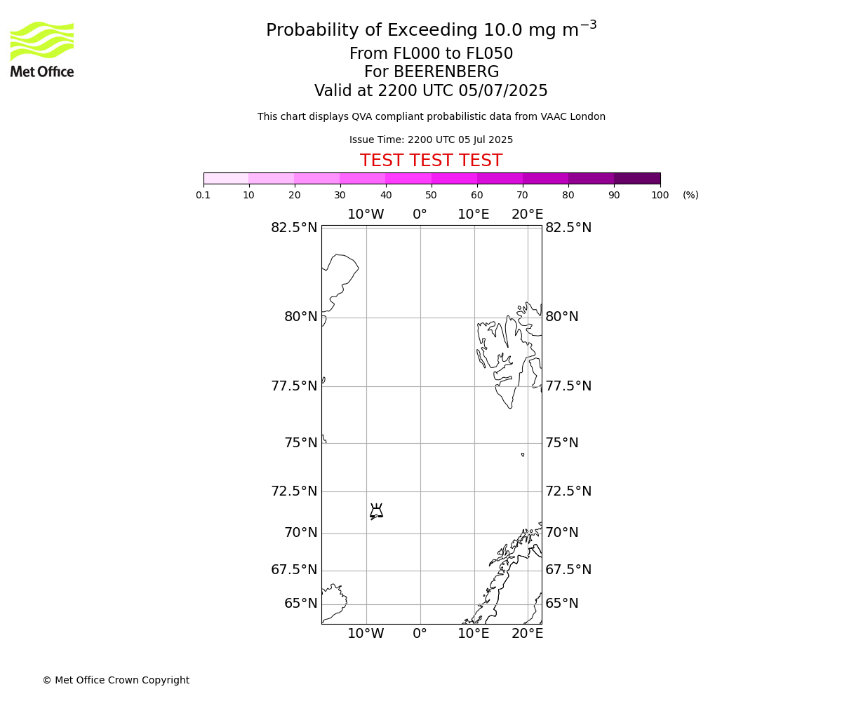 Probability of exceeding 10.0 milligrams per metre cubed. From 000 to 050 for BEERENBERG. Valid at 2200 UTC 05/07/2025