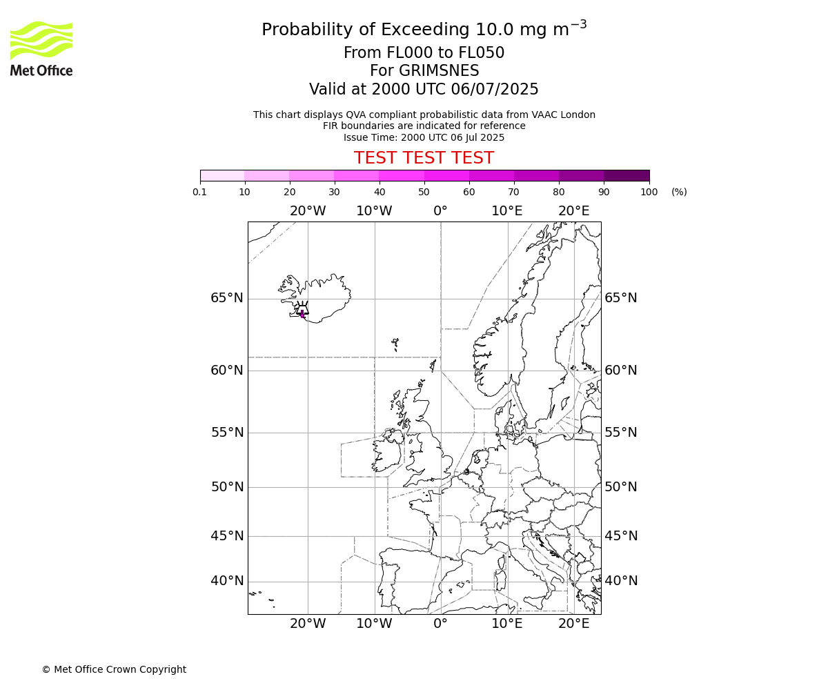 Probability of exceeding 10.0 milligrams per metre cubed. From 000 to 050 for GRIMSNES. Valid at 2000 UTC 06/07/2025