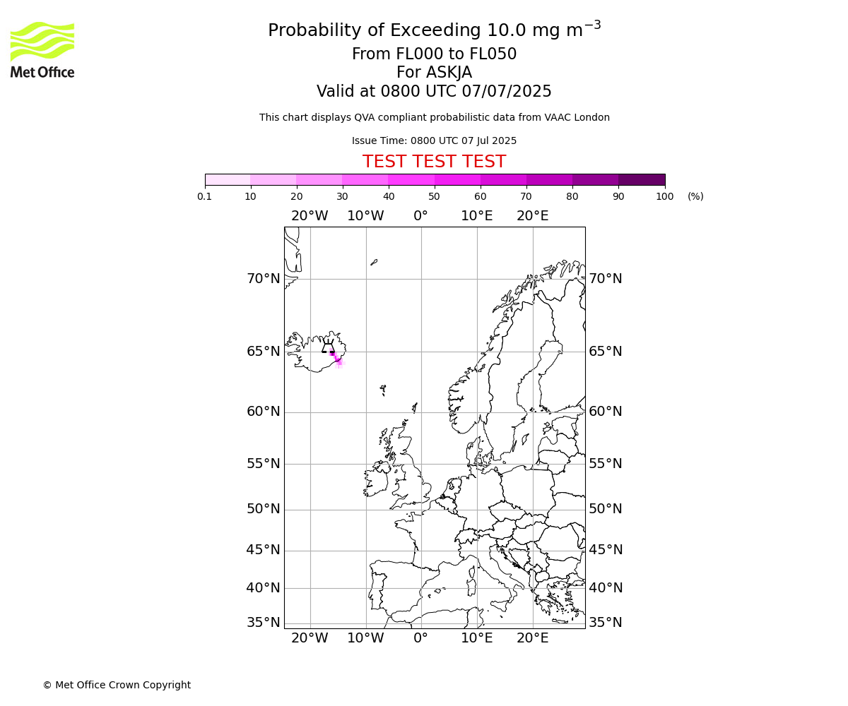 Probability of exceeding 10.0 milligrams per metre cubed. From 000 to 050 for ASKJA. Valid at 0800 UTC 07/07/2025