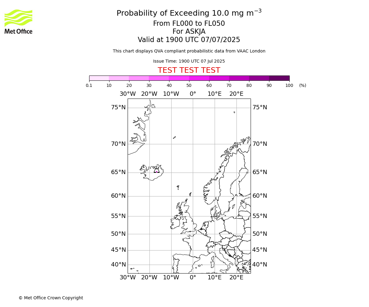 Probability of exceeding 10.0 milligrams per metre cubed. From 000 to 050 for ASKJA. Valid at 1900 UTC 07/07/2025