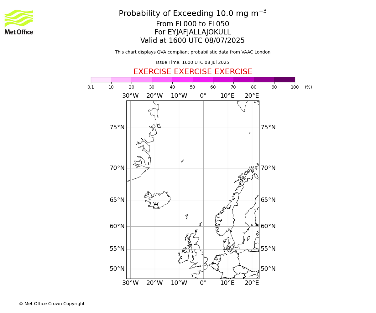 Probability of exceeding 10.0 milligrams per metre cubed. From 000 to 050 for EYJAFJALLAJOKULL. Valid at 1600 UTC 08/07/2025