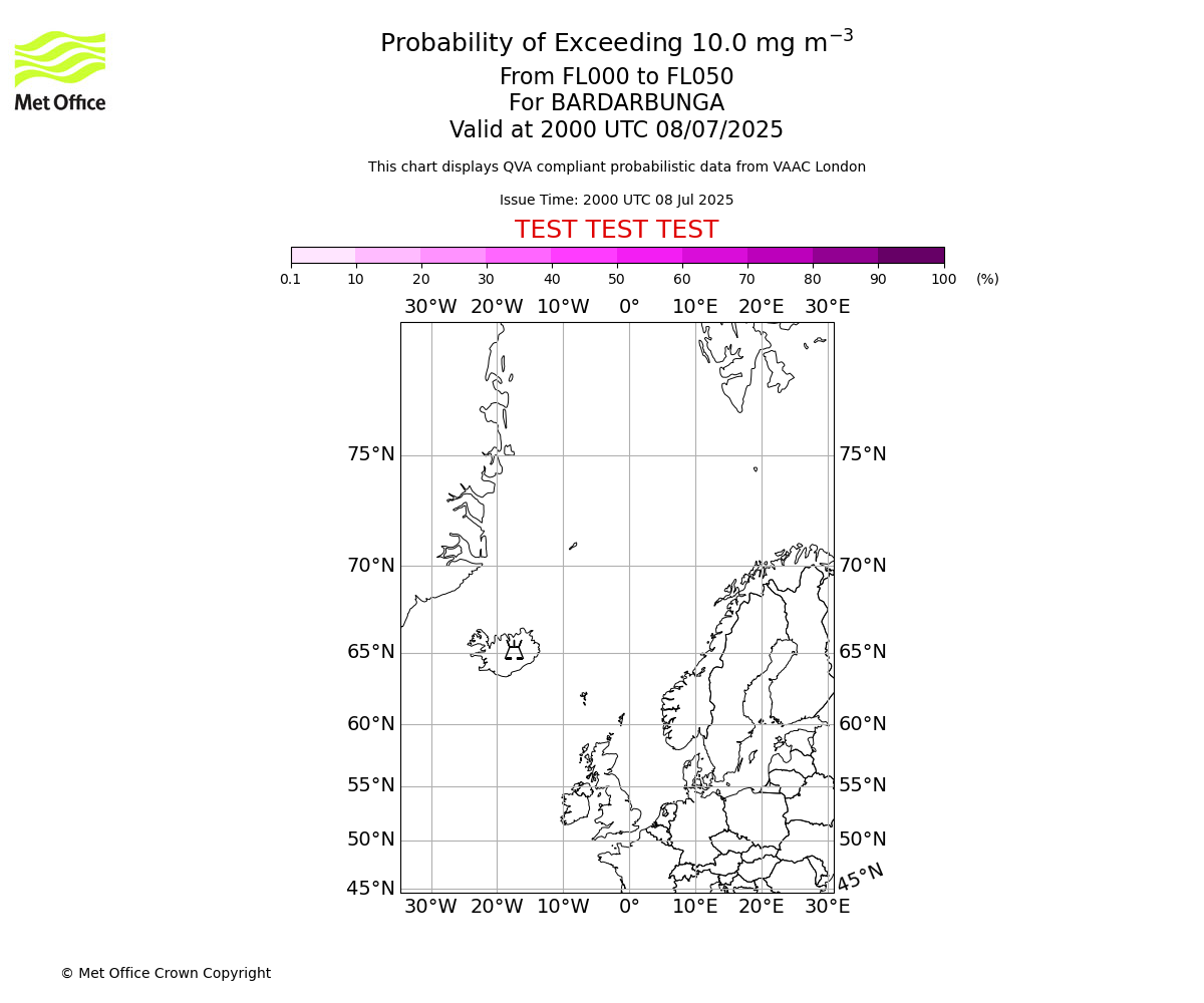 Probability of exceeding 10.0 milligrams per metre cubed. From 000 to 050 for BARDARBUNGA. Valid at 2000 UTC 08/07/2025