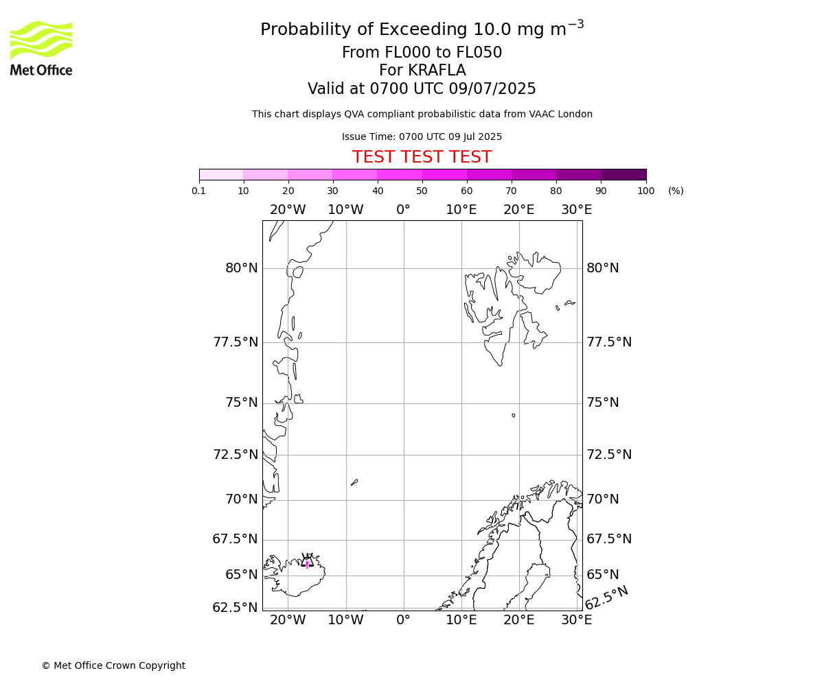 Probability of exceeding 10.0 milligrams per metre cubed. From 000 to 050 for KRAFLA. Valid at 0700 UTC 09/07/2025