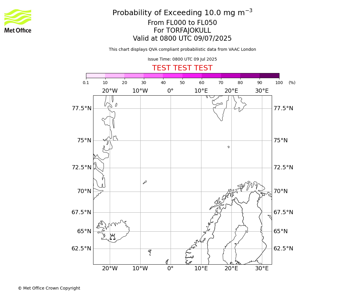Probability of exceeding 10.0 milligrams per metre cubed. From 000 to 050 for TORFAJOKULL. Valid at 0800 UTC 09/07/2025