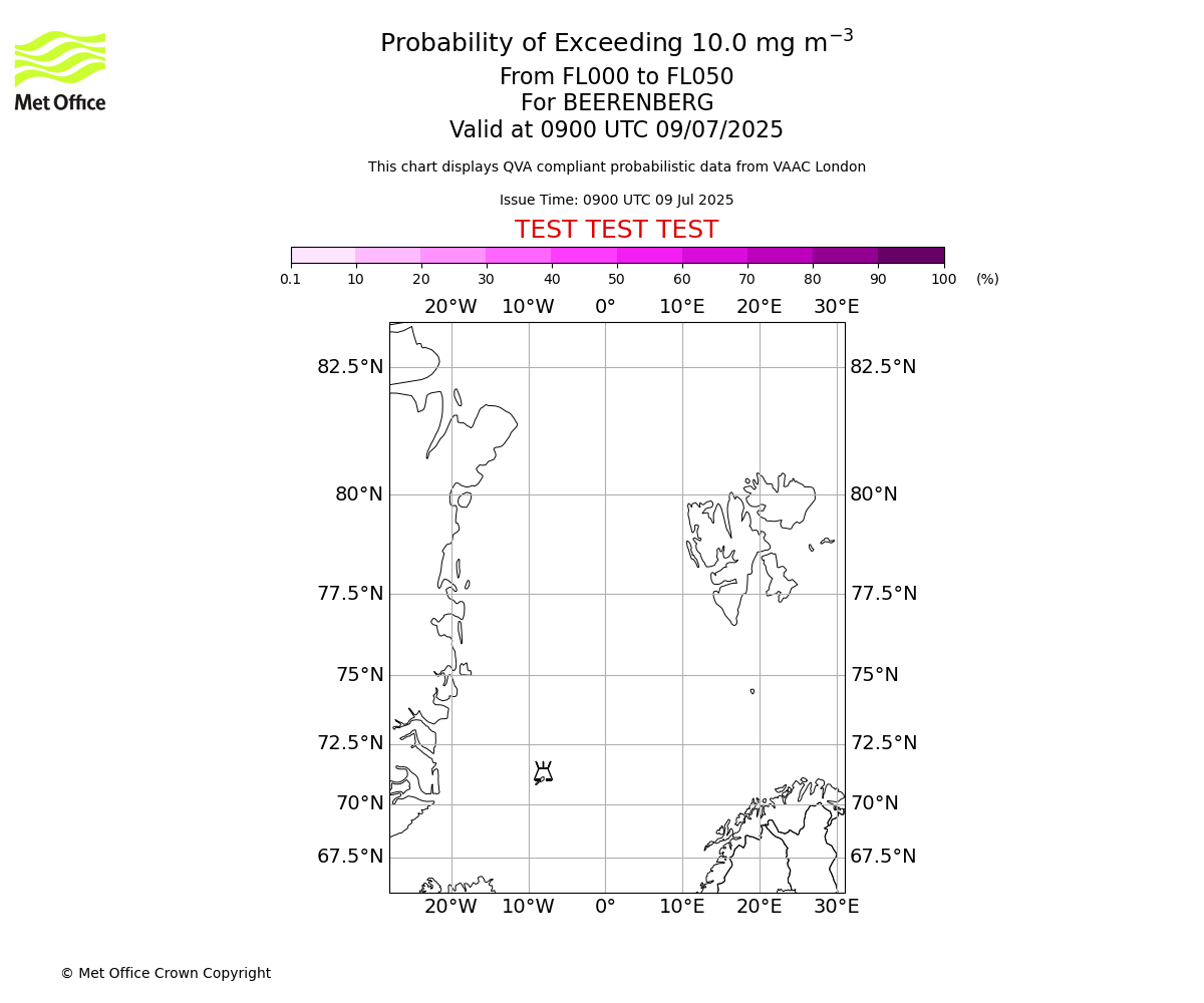 Probability of exceeding 10.0 milligrams per metre cubed. From 000 to 050 for BEERENBERG. Valid at 0900 UTC 09/07/2025