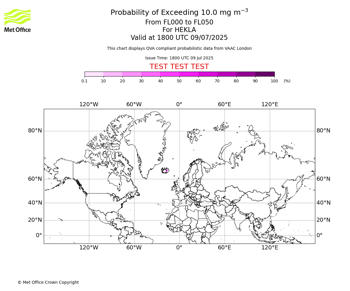Probability of exceeding 10.0 milligrams per metre cubed. From 000 to 050 for HEKLA. Valid at 1800 UTC 09/07/2025