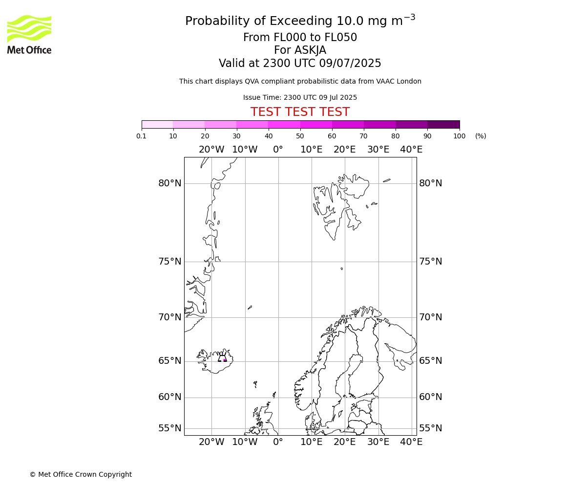 Probability of exceeding 10.0 milligrams per metre cubed. From 000 to 050 for ASKJA. Valid at 2300 UTC 09/07/2025