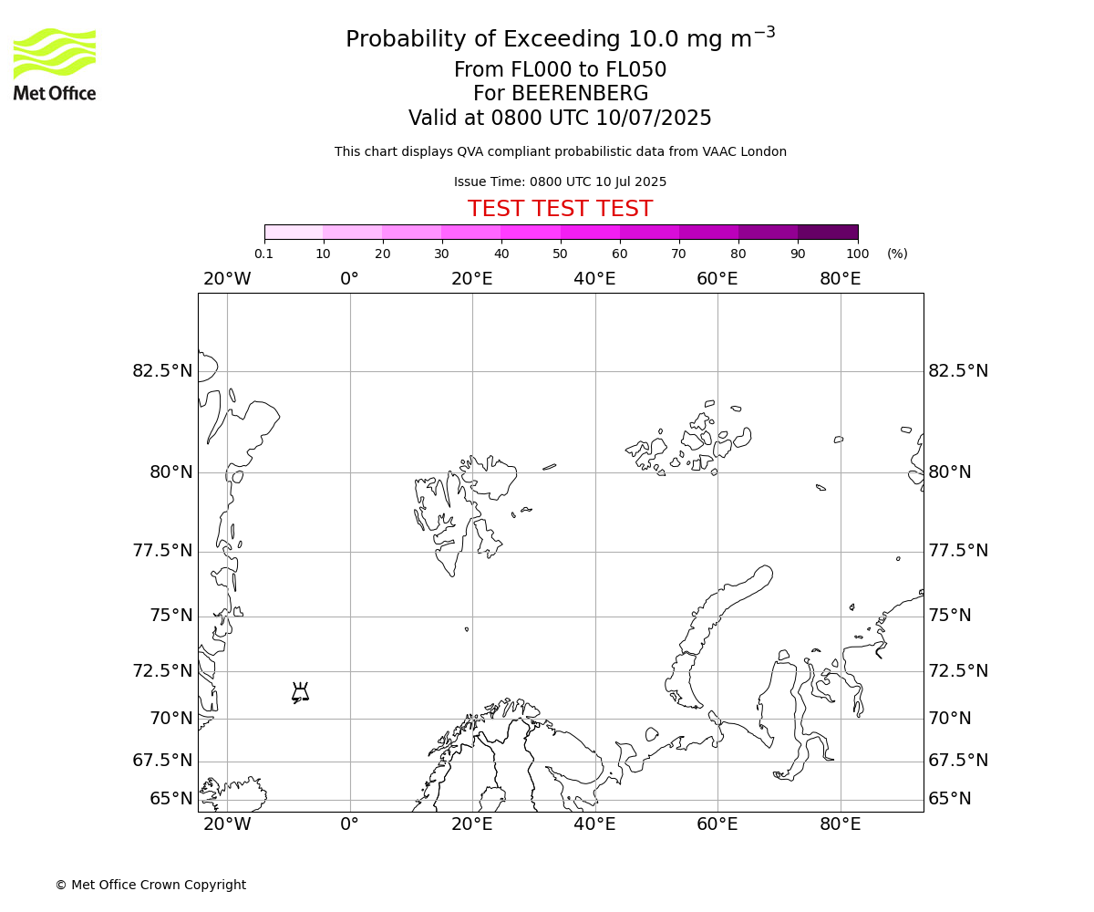 Probability of exceeding 10.0 milligrams per metre cubed. From 000 to 050 for BEERENBERG. Valid at 0800 UTC 10/07/2025