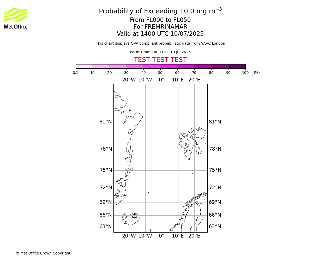 Probability of exceeding 10.0 milligrams per metre cubed. From 000 to 050 for FREMRINAMAR. Valid at 1400 UTC 10/07/2025