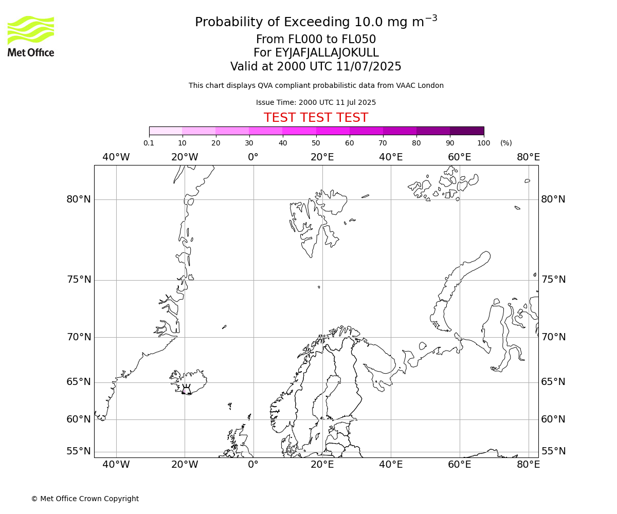 Probability of exceeding 10.0 milligrams per metre cubed. From 000 to 050 for EYJAFJALLAJOKULL. Valid at 2000 UTC 11/07/2025