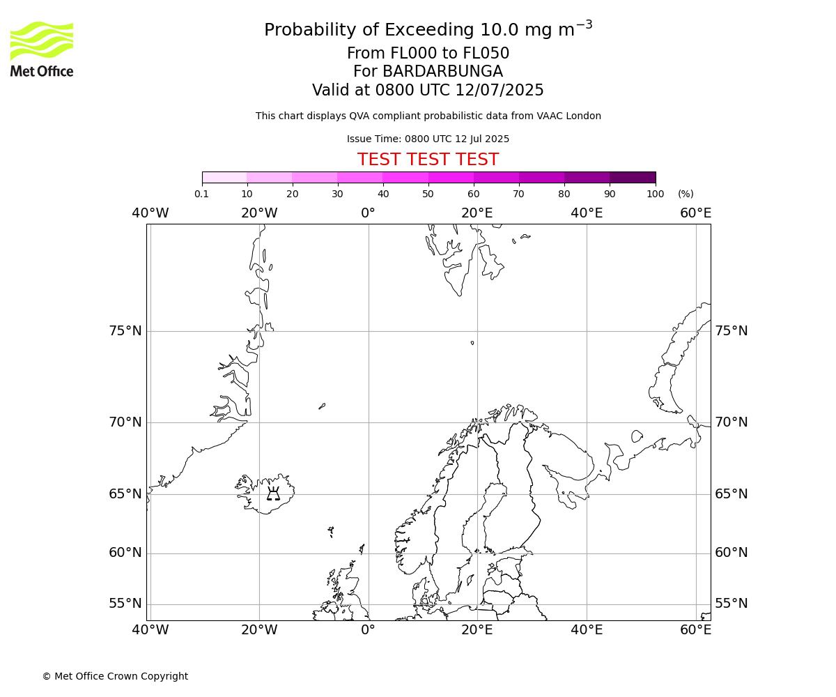 Probability of exceeding 10.0 milligrams per metre cubed. From 000 to 050 for BARDARBUNGA. Valid at 0800 UTC 12/07/2025