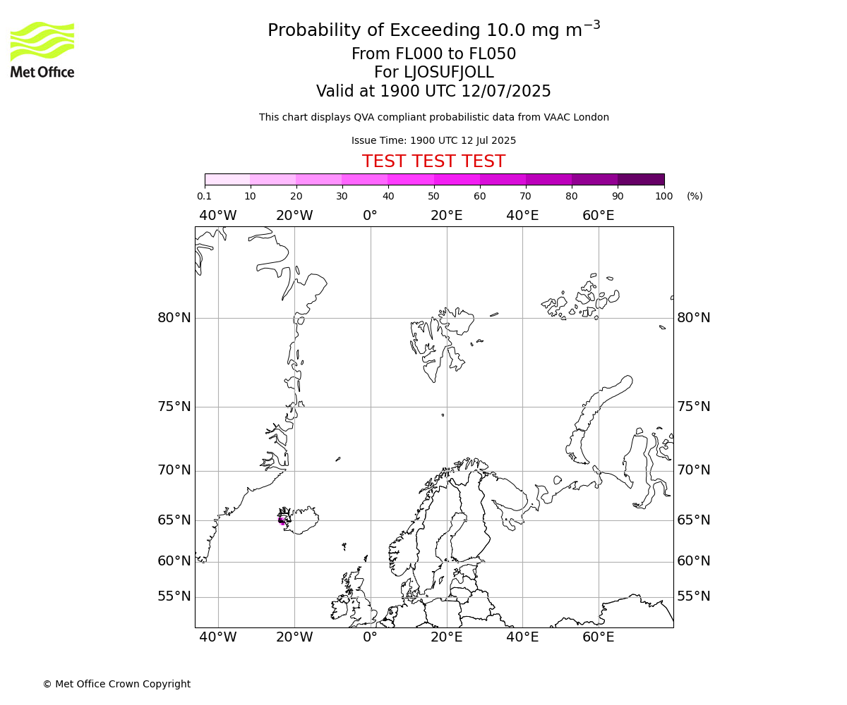 Probability of exceeding 10.0 milligrams per metre cubed. From 000 to 050 for LJOSUFJOLL. Valid at 1900 UTC 12/07/2025