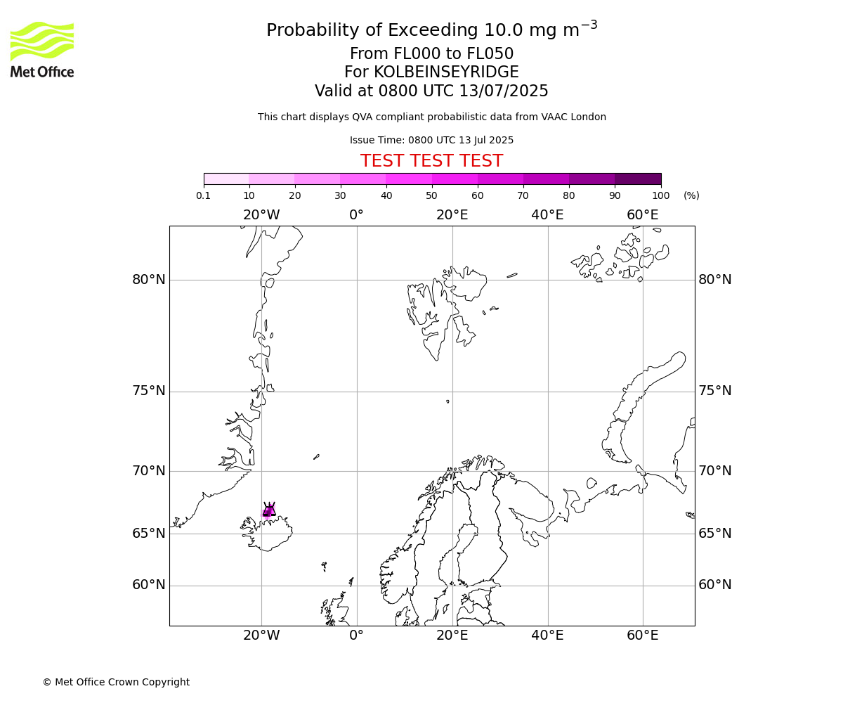 Probability of exceeding 10.0 milligrams per metre cubed. From 000 to 050 for KOLBEINSEYRIDGE. Valid at 0800 UTC 13/07/2025