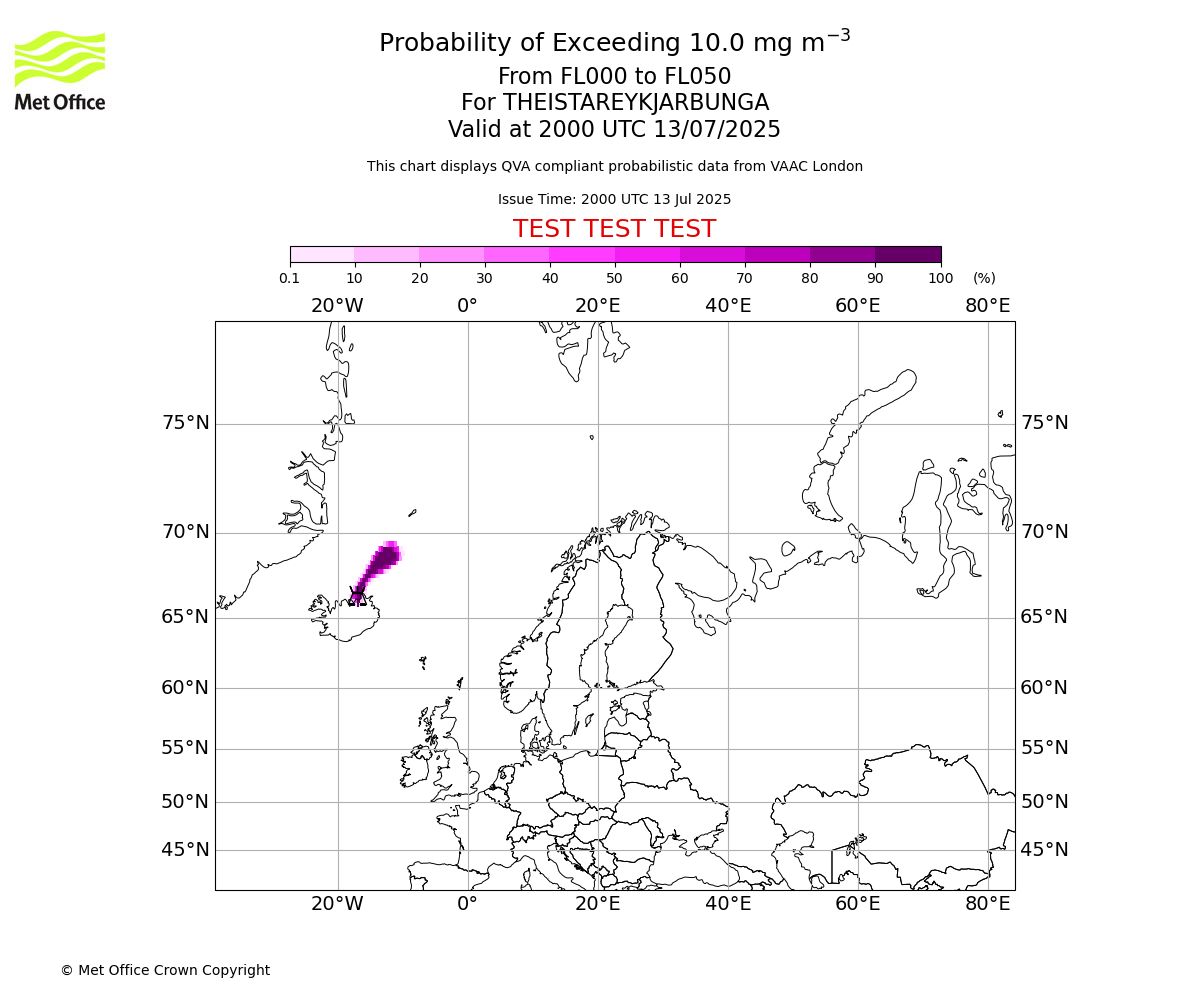 Probability of exceeding 10.0 milligrams per metre cubed. From 000 to 050 for THEISTAREYKJARBUNGA. Valid at 2000 UTC 13/07/2025