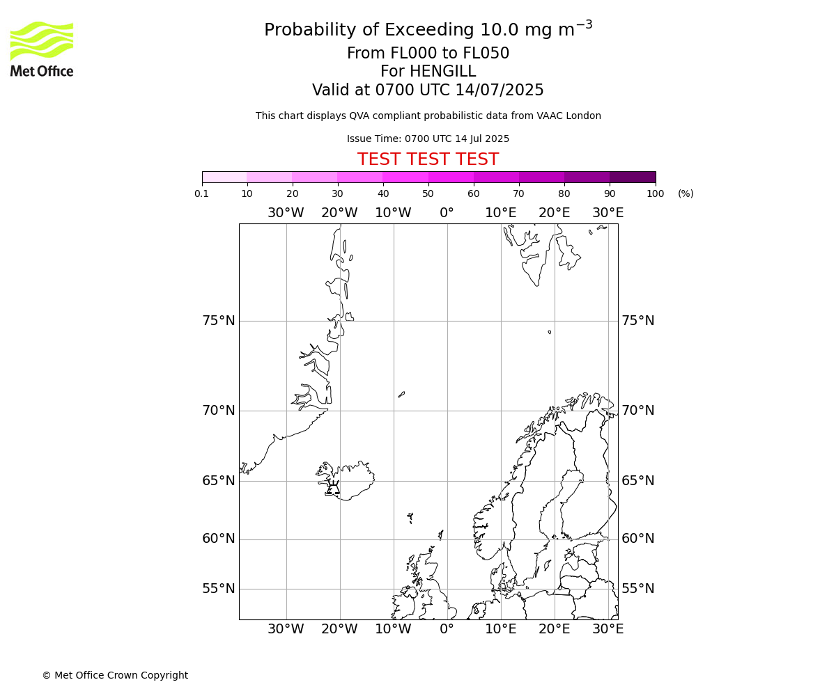 Probability of exceeding 10.0 milligrams per metre cubed. From 000 to 050 for HENGILL. Valid at 0700 UTC 14/07/2025