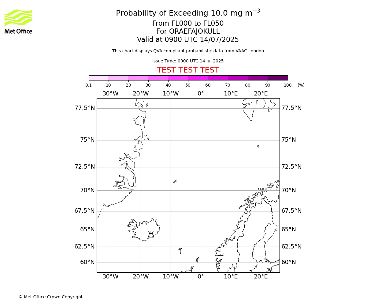 Probability of exceeding 10.0 milligrams per metre cubed. From 000 to 050 for ORAEFAJOKULL. Valid at 0900 UTC 14/07/2025