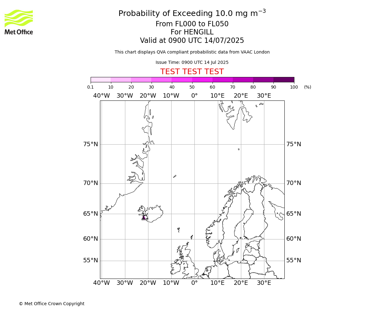 Probability of exceeding 10.0 milligrams per metre cubed. From 000 to 050 for HENGILL. Valid at 0900 UTC 14/07/2025