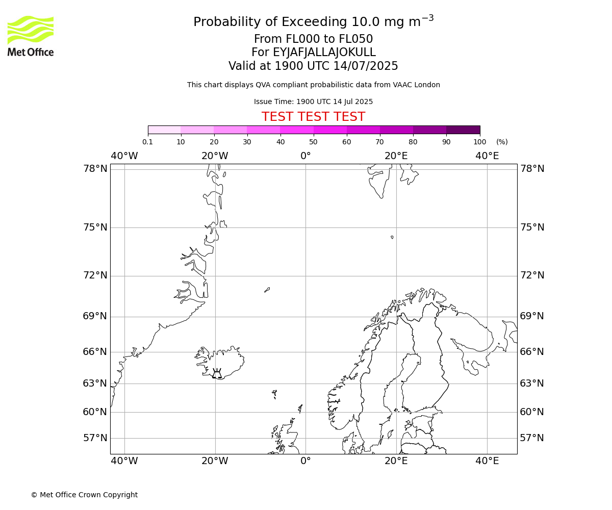 Probability of exceeding 10.0 milligrams per metre cubed. From 000 to 050 for EYJAFJALLAJOKULL. Valid at 1900 UTC 14/07/2025