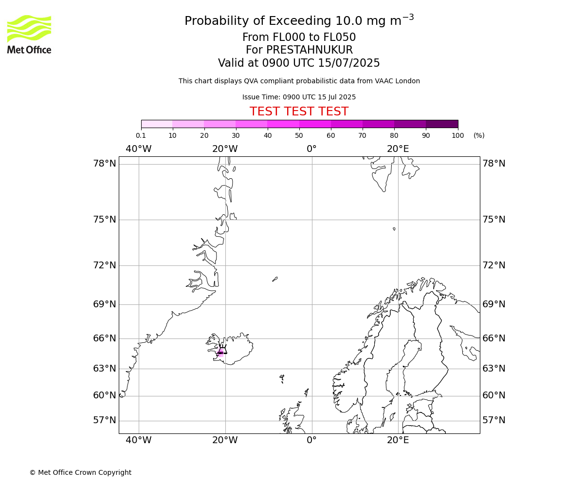 Probability of exceeding 10.0 milligrams per metre cubed. From 000 to 050 for PRESTAHNUKUR. Valid at 0900 UTC 15/07/2025