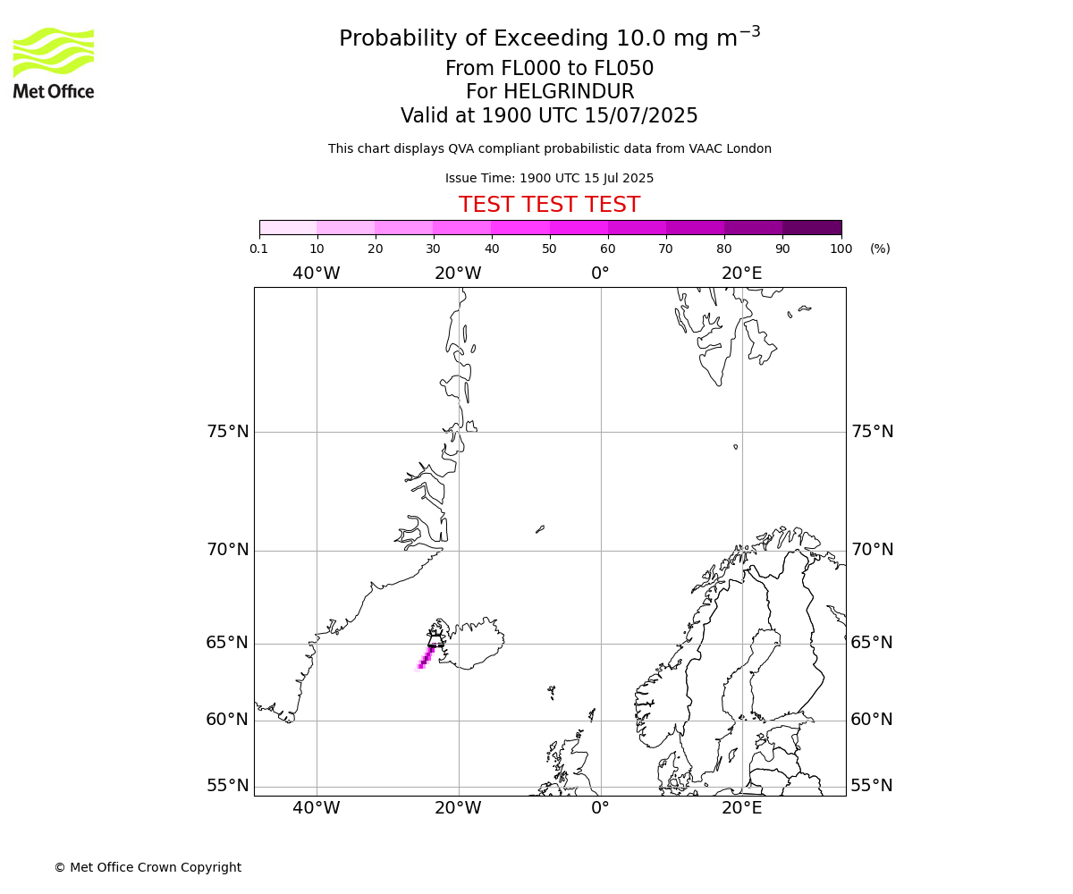 Probability of exceeding 10.0 milligrams per metre cubed. From 000 to 050 for HELGRINDUR. Valid at 1900 UTC 15/07/2025