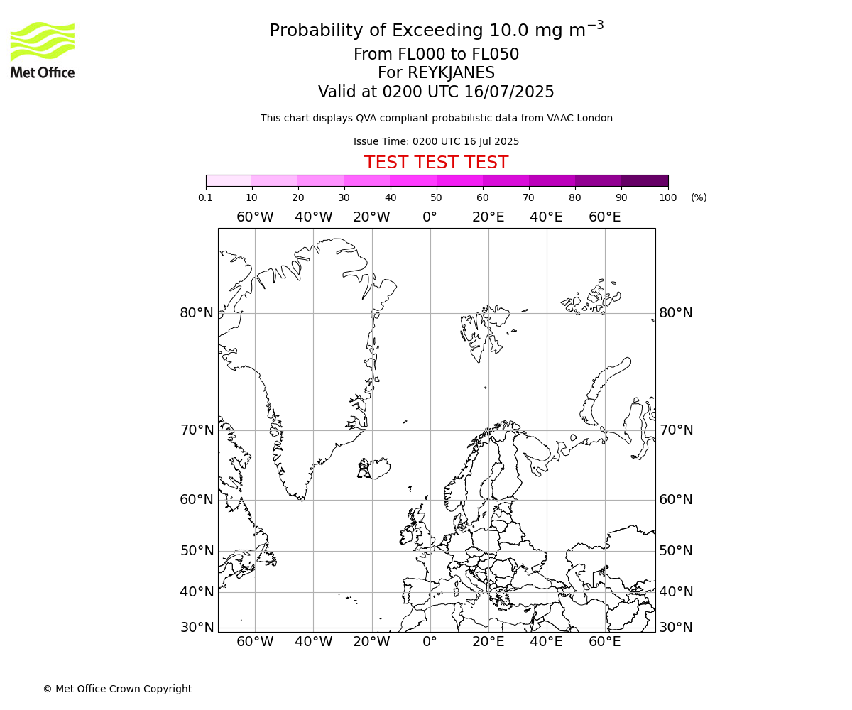 Probability of exceeding 10.0 milligrams per metre cubed. From 000 to 050 for REYKJANES. Valid at 0200 UTC 16/07/2025
