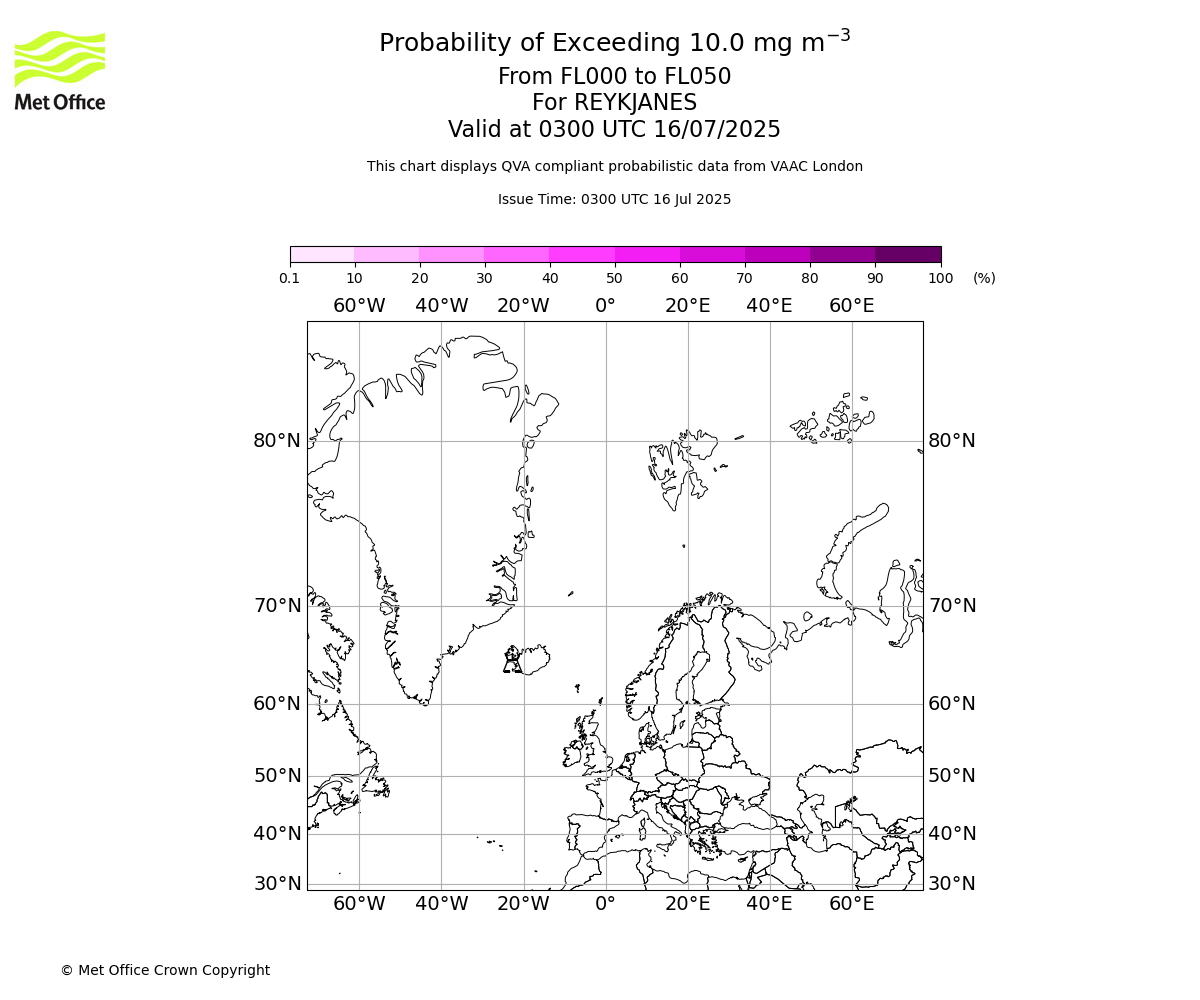 Probability of exceeding 10.0 milligrams per metre cubed. From 000 to 050 for REYKJANES. Valid at 0300 UTC 16/07/2025